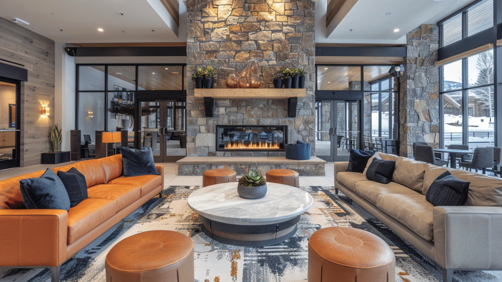 The lounge area of a ski hotel in Park City, UT with leather couches, a center table, and a fireplace
