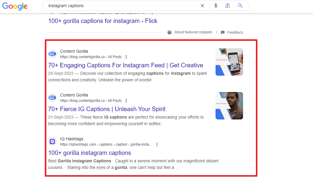 Google search engine results page for showing top Instagram caption keyword articles by Content Gorilla