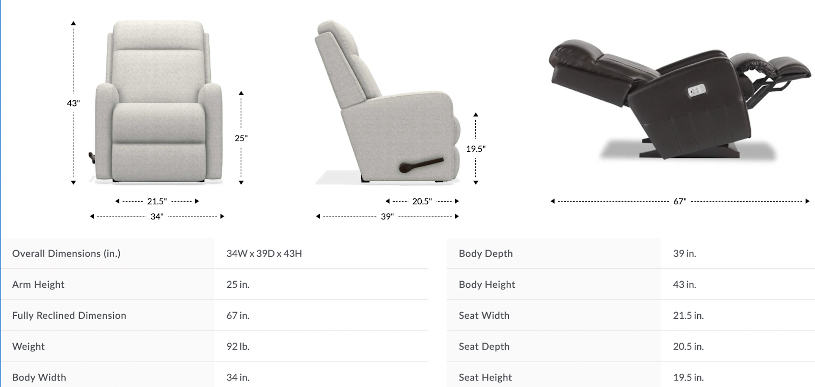 finley wall recliner dimensions