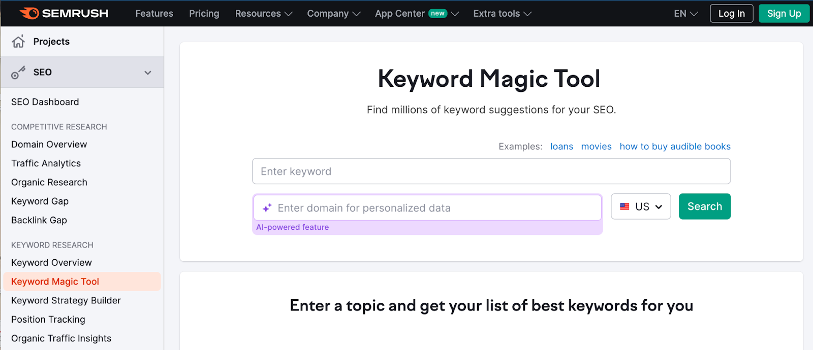 The Semrush 'Keyword Magic Tool' for researching keywords.