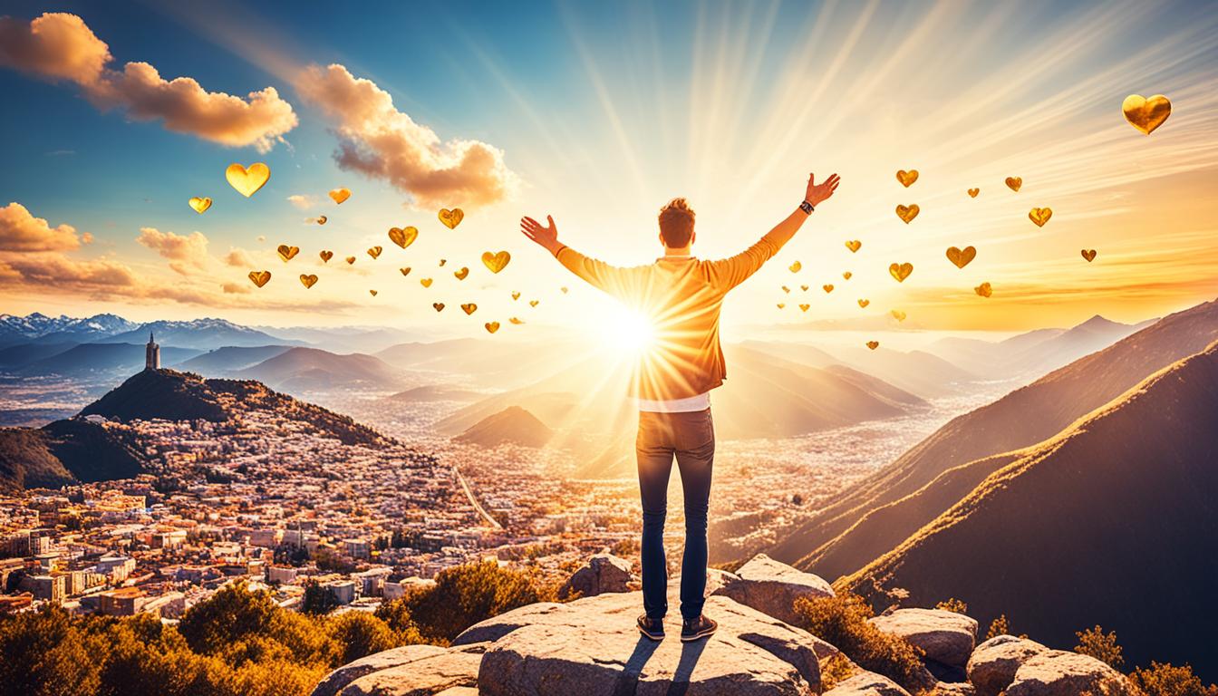 An image of a person standing on top of a mountain, arms stretched out towards the sky with a radiant golden light emanating from their body. Surrounding them are symbols of love, health, and wealth, such as hearts, suns, and coins. In the distance, there is a path leading towards a glowing cityscape, representing the journey towards success and abundance.