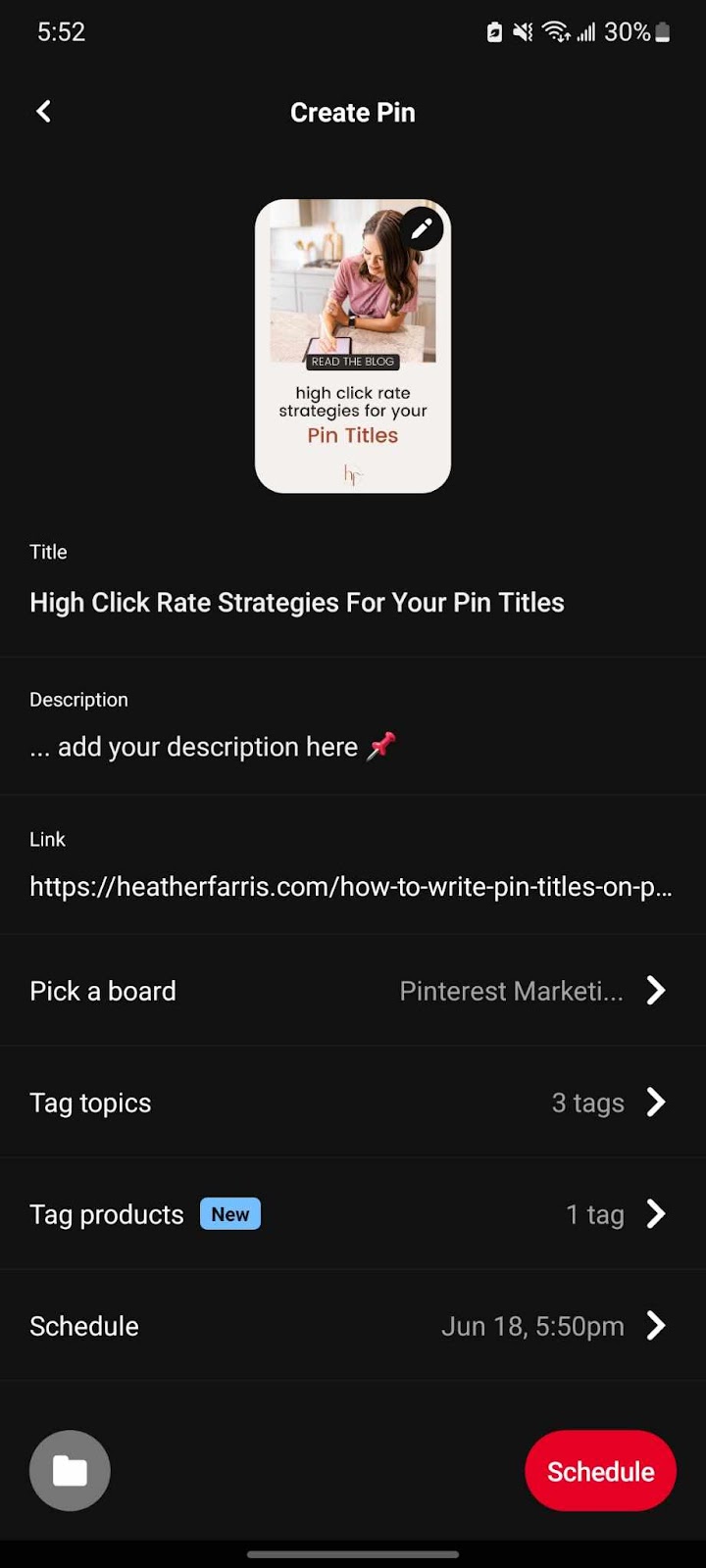 using the mobile native pinterest scheduler