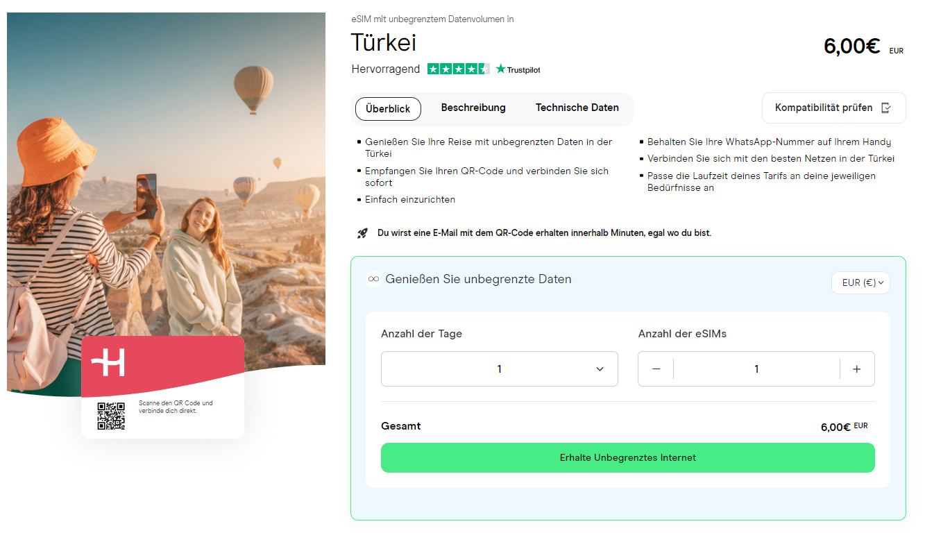 Ein Screenshot der Holafly-Website, auf der man eine eSIM Türkei kaufen kann.