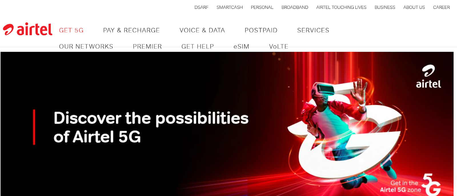 Airtel Nigeria website snapshot highlighting the services it offers.