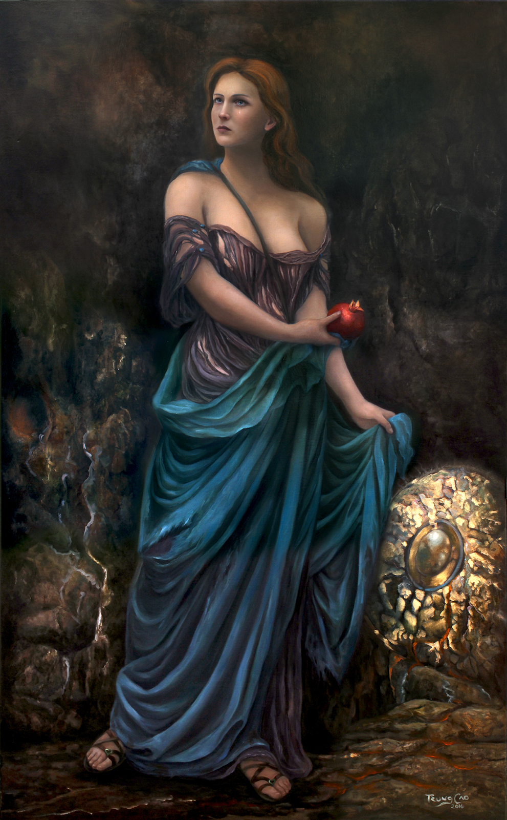 In the depicted illustration, Proserpina adorns an elegant purple off-the-shoulder dress, gracefully holding a blue robe and a pomegranate in her hand.