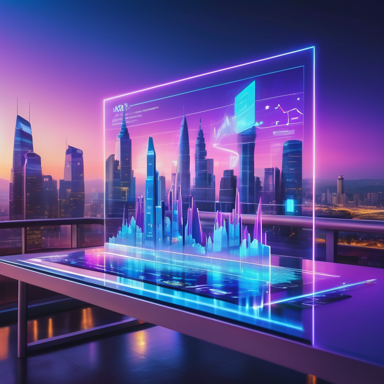 Holographic marketing tools display against a futuristic city backdrop at dusk.