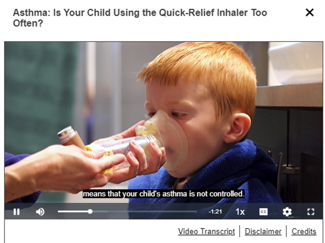 video thumbnail for "Asthma: Is Your Child Using the Quick-Relief Inhaler Too Often?" video. Image a boy using a quick release inhaler with caregiver help.