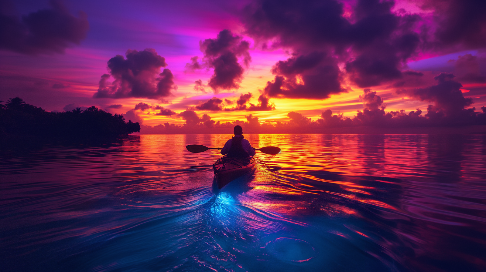 A silhouette of a kayaker paddling at sunset