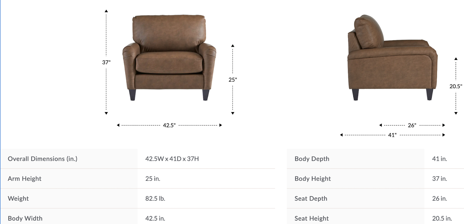 kirby chair and a half dimensions