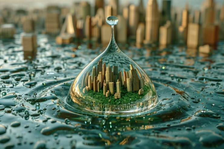 a drowning city and a city in a water droplet on water surface