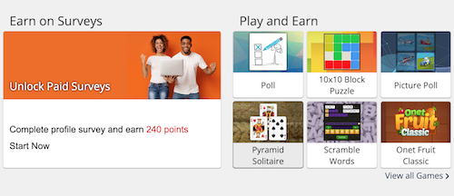 The Rewardia website offering rewards for taking surveys and playing games as well as 240 points for completing your profile survey.