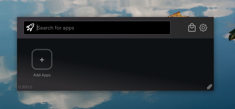 A screenshot of the launcher's initial window. A search bar appears at the top, with app store and settings icons to the right. Below it, there's an empty app list with an 'Add Apps' icon.