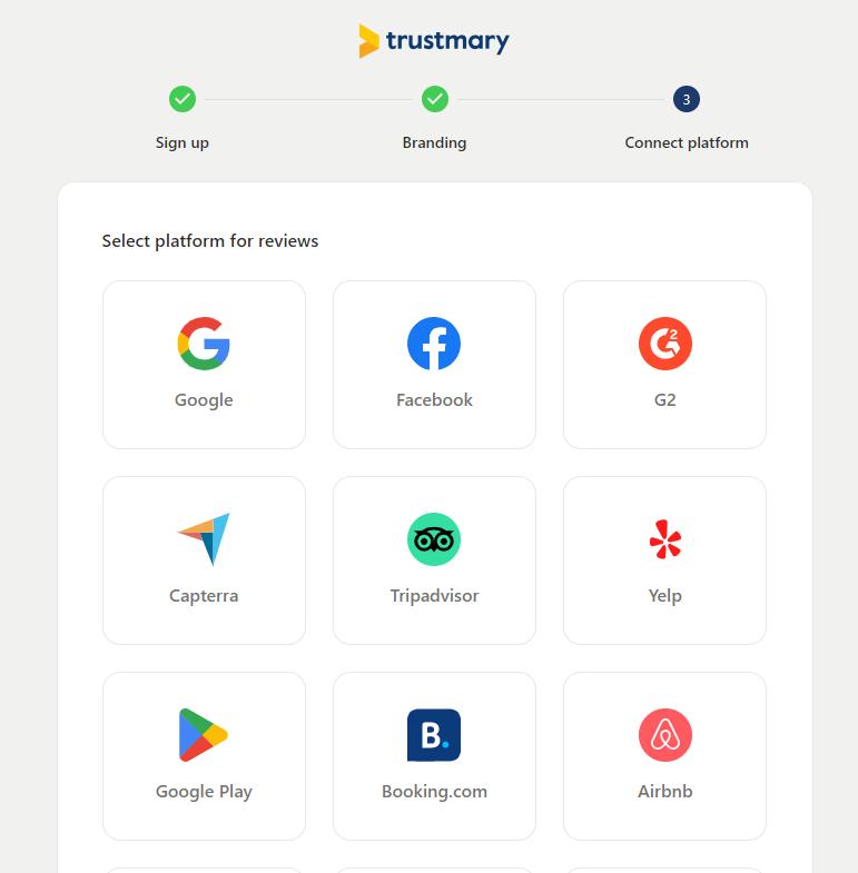screenshot from Trustmary onboarding where you can choose the review source you want to connect