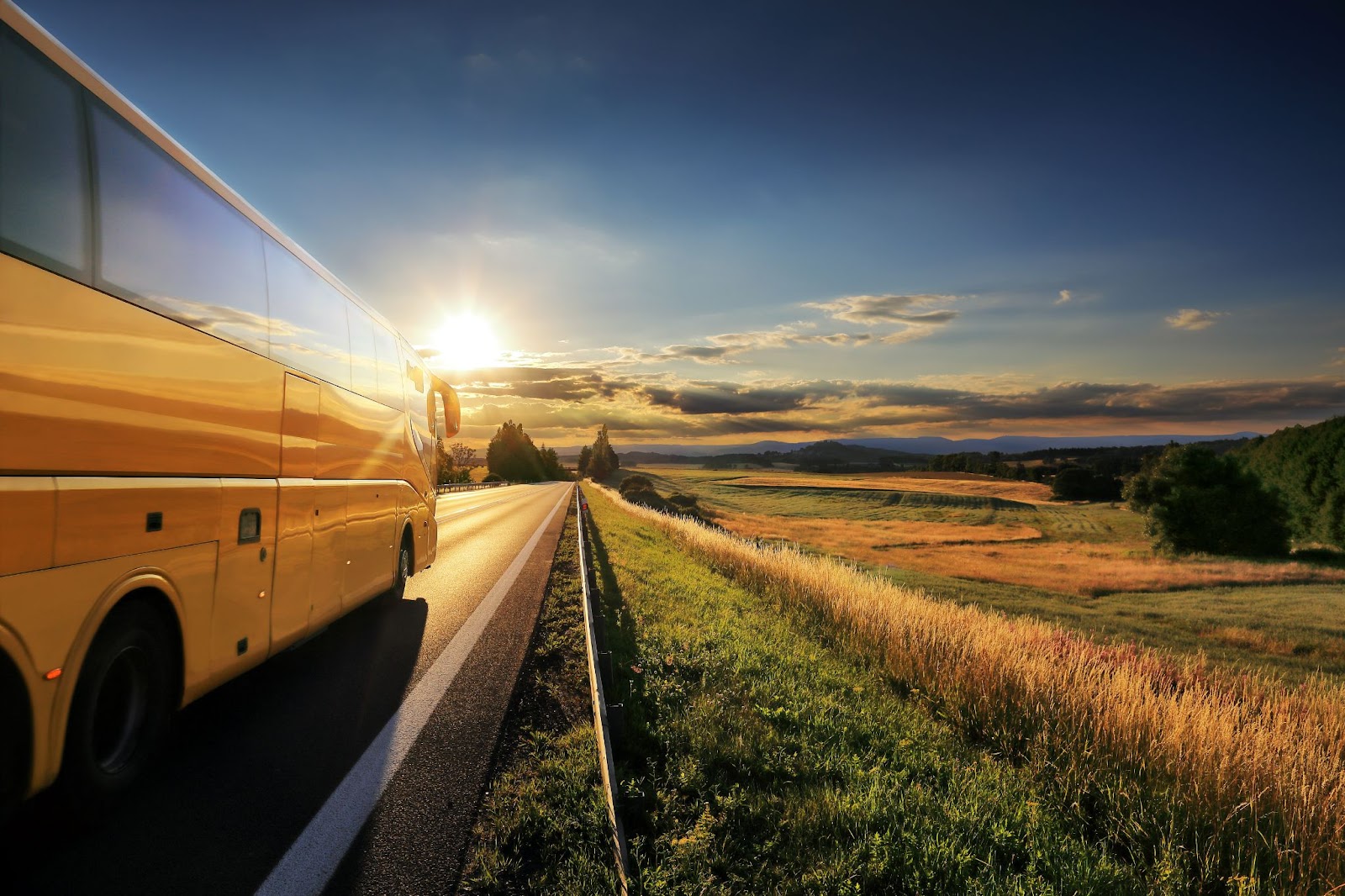 Vista de um ônibus amarelo seguindo o trajeto ao sol.