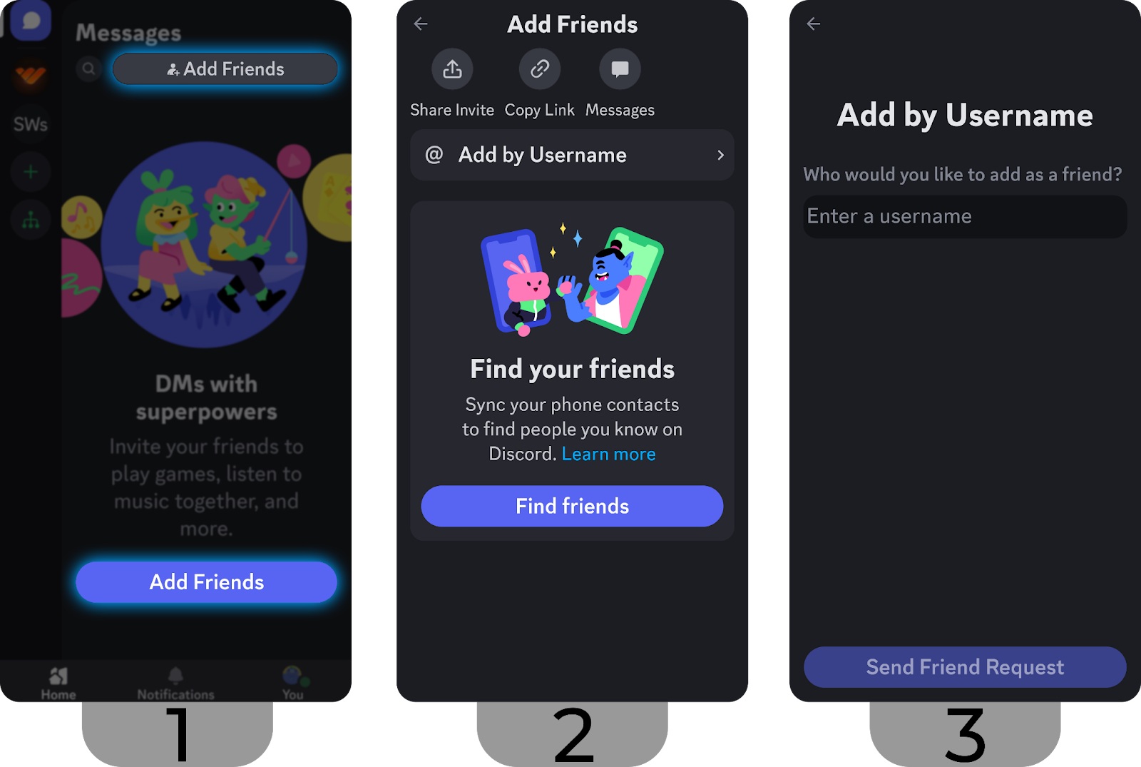 Steps to send a Discord user a friend request on mobile using their username