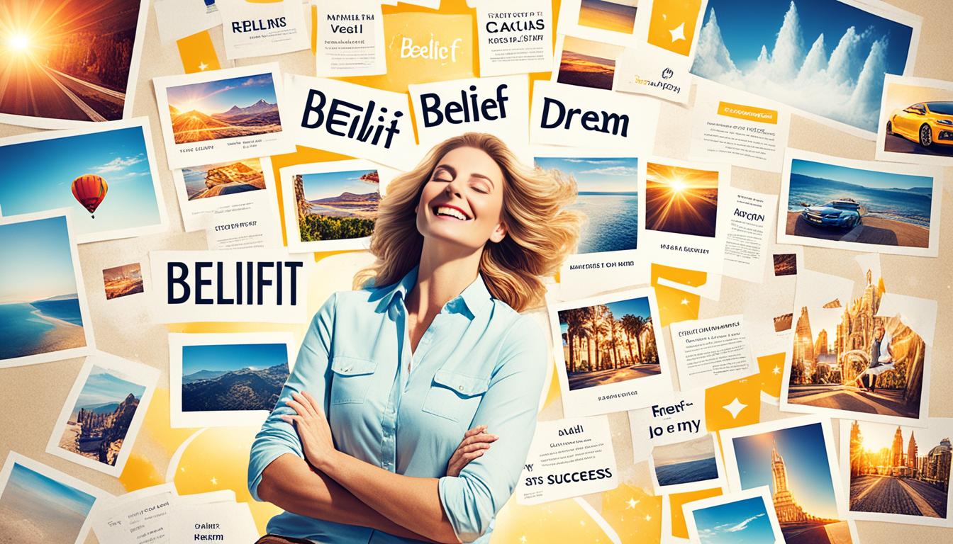 An image of a person sitting comfortably, eyes closed and hands resting on their lap, surrounded by a bright aura of golden light. Above them, the word "Belief" is shining in bold letters, while below them, a vision board materializes with images of their desired success - a new car, a happy relationship, a dream job, and a luxurious vacation spot. Rays of light emanating from each picture are joining together to form a pathway leading to the person, representing the manifestation of their goals coming into reality.