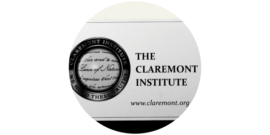 A podium with the Claremont Institute logo on it