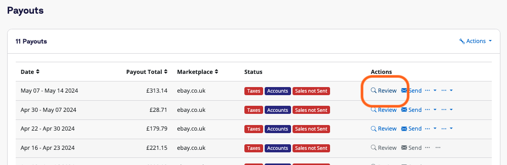 A screenshot of the A2X Payouts page. Select 'Review'.