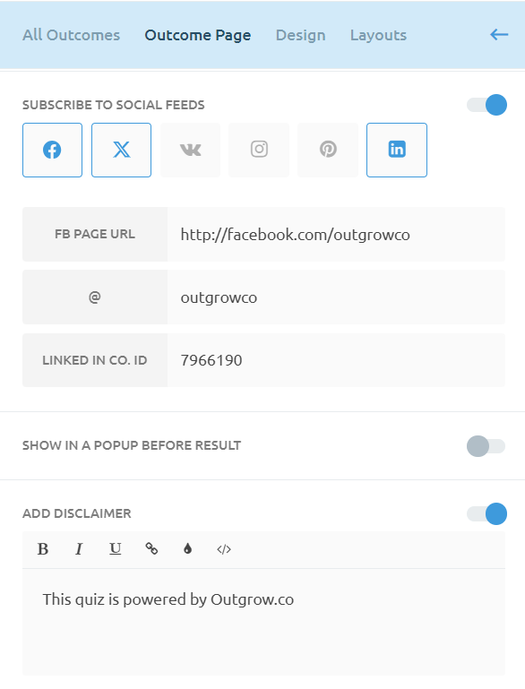 Outgrow's social sharing options in builder