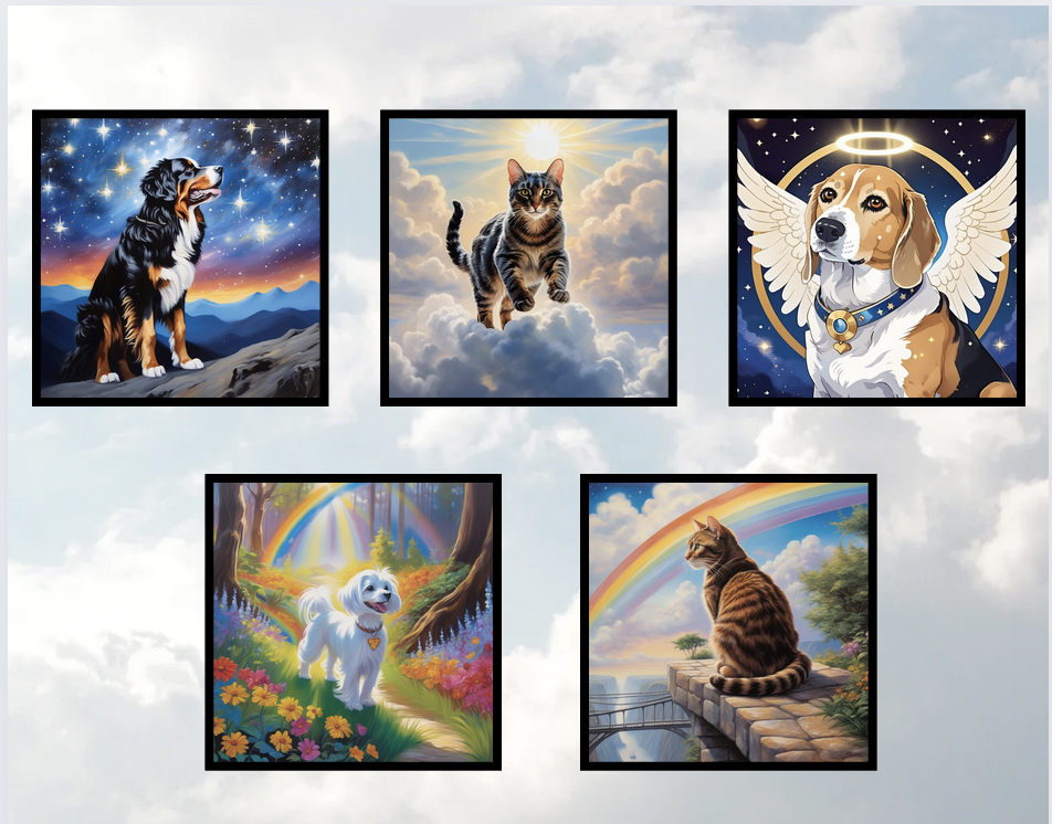 Images of memorial art styles from PugMug.ai: among the stars, clouds, angel, rainbow forest, rainbow bridge; pet memorial art