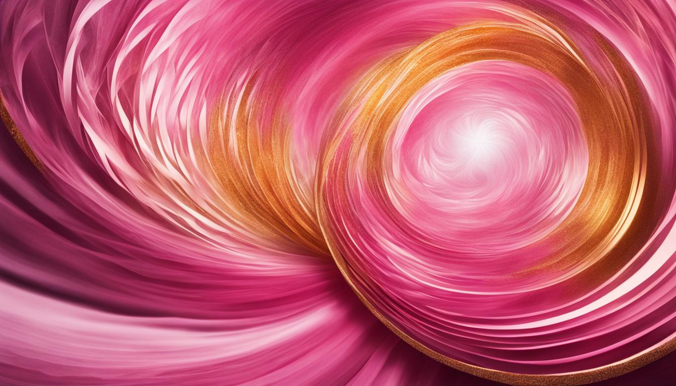 A swirling vortex of pink and gold energy, with the words "Get Him to Text You" written in bold letters in the center. Radiating from the center are smaller swirls of energy depicting positive affirmations such as "He's thinking of me," "He wants to talk to me," and "Our connection is strong." A hand reaching towards the center of the vortex represents the act of manifesting, while small symbols of technology, such as phone emojis and wifi signals, surround the edges of the image.