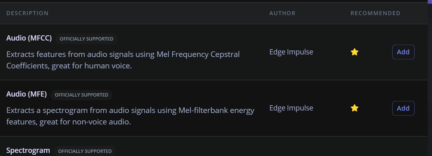 Edge Impulse feature extraction options, highlighting Audio (MFCC) and Audio (MFE) methods for processing voice and non-voice audio signals respectively.