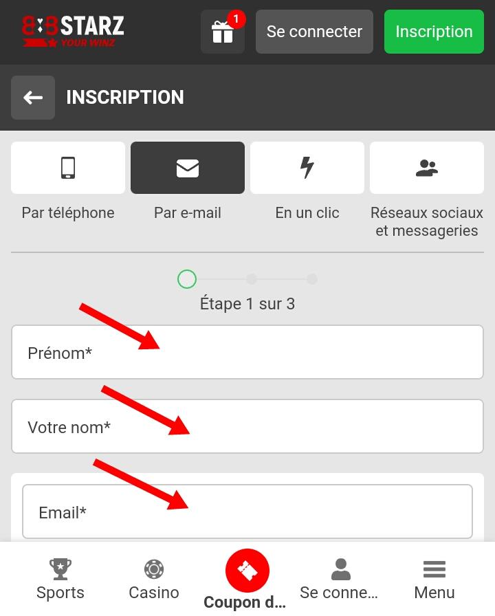 Formulaire d'inscription 888starz