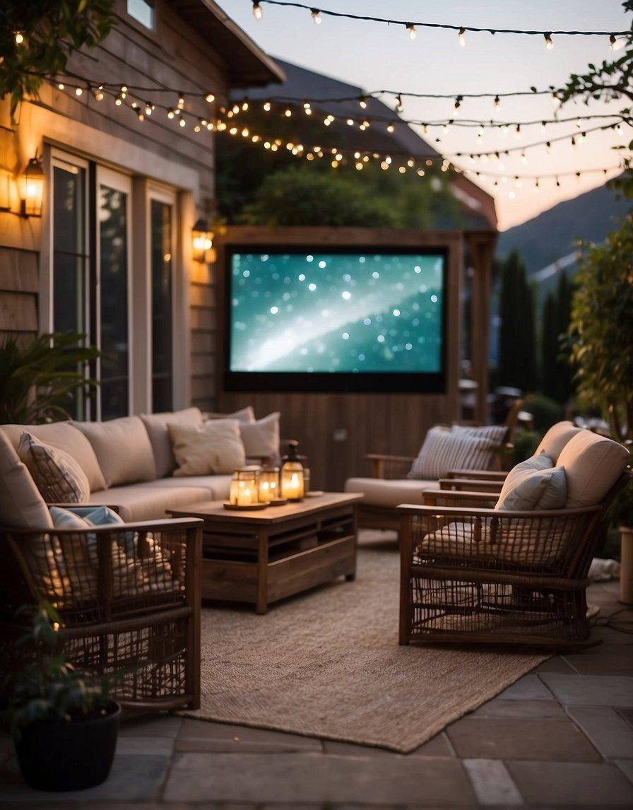 An outdoor movie screen stands tall against a backdrop of twinkling string lights and cozy patio furniture, creating the perfect setting for a movie night under the stars