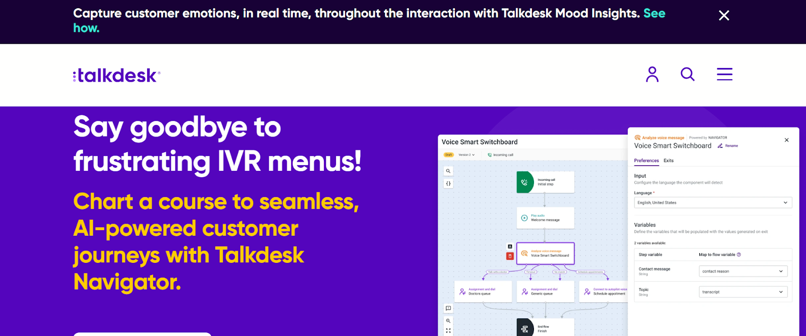 Talkdesk website snapshot highlighting the services it offers.