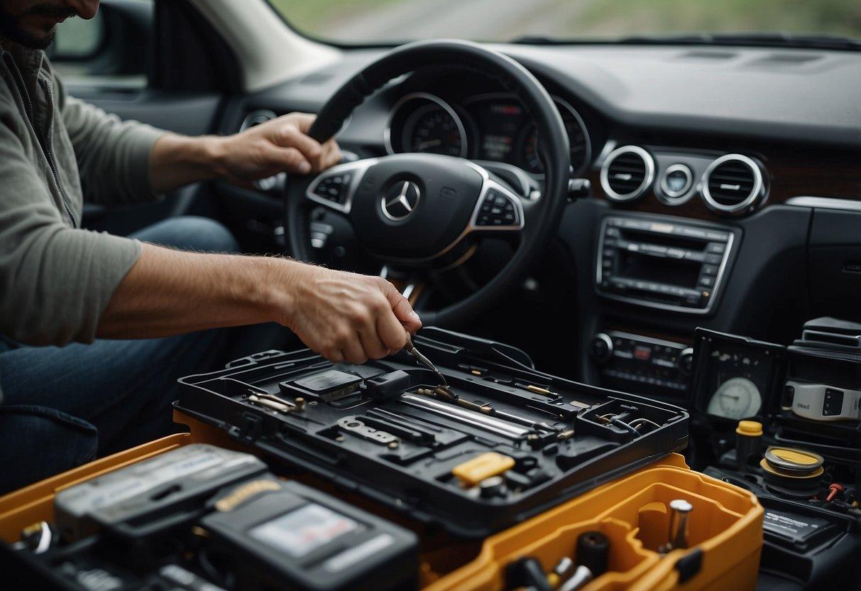 A person using a Mercedes repair manual to fix a car, surrounded by tools and parts