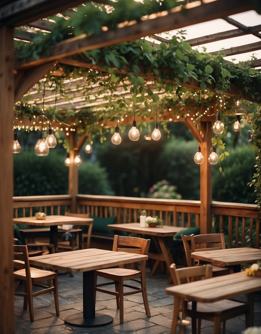 A pergola stands in a lush garden, adorned with hanging vines and flowers. An outdoor bar is nestled within, surrounded by cozy seating and soft lighting