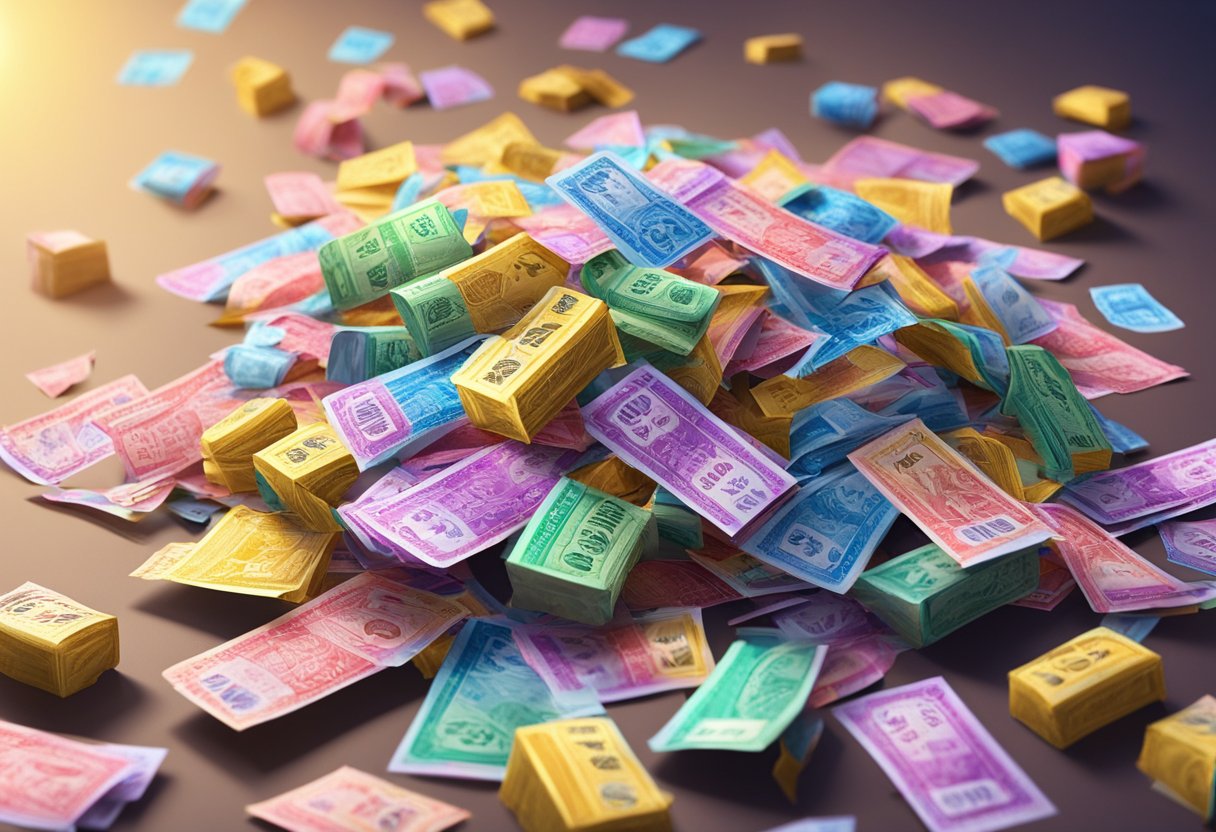 A colorful pile of lottery tickets scattered on a table, with a bright spotlight shining down on them