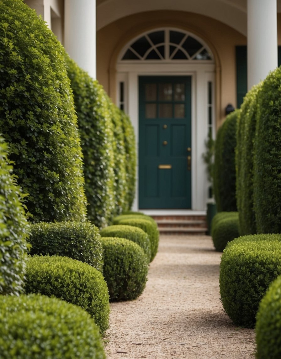 A row of 21 lush green bushes lines the front of a charming house, adding natural beauty and a sense of privacy to the property