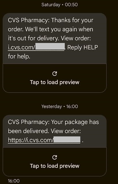Two texts from CVS providing updates on a prescription order