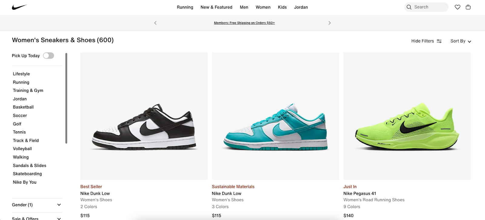 Example of Nike shoe navigation. 