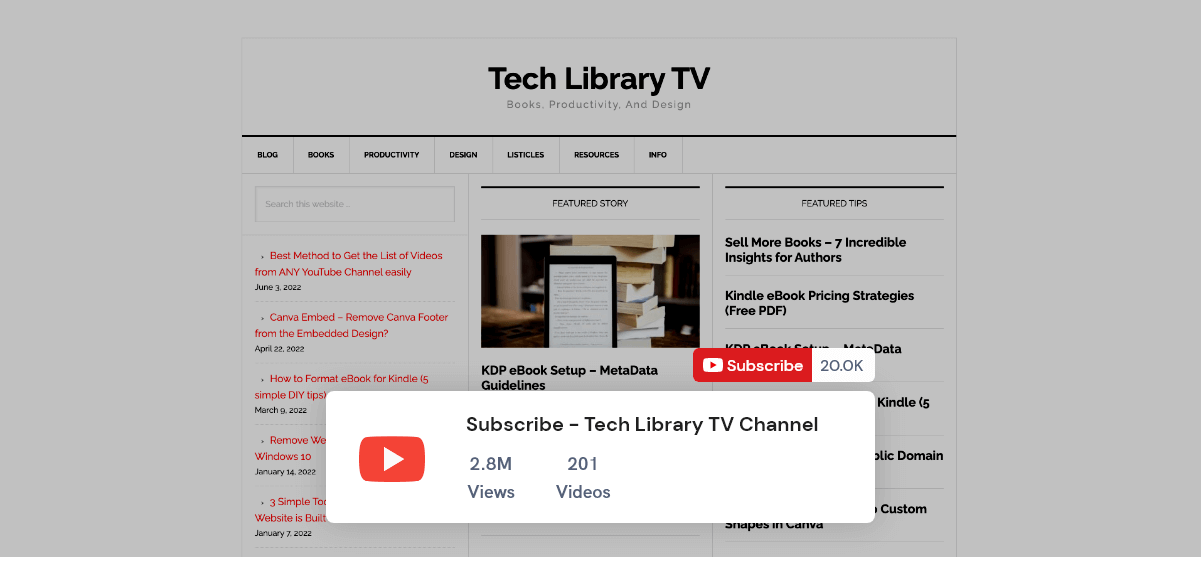 A webpage for Tech Library TV with a YouTube subscription prompt showing 2.8M views and 20K subscribers, illustrating social proof through follower metrics.