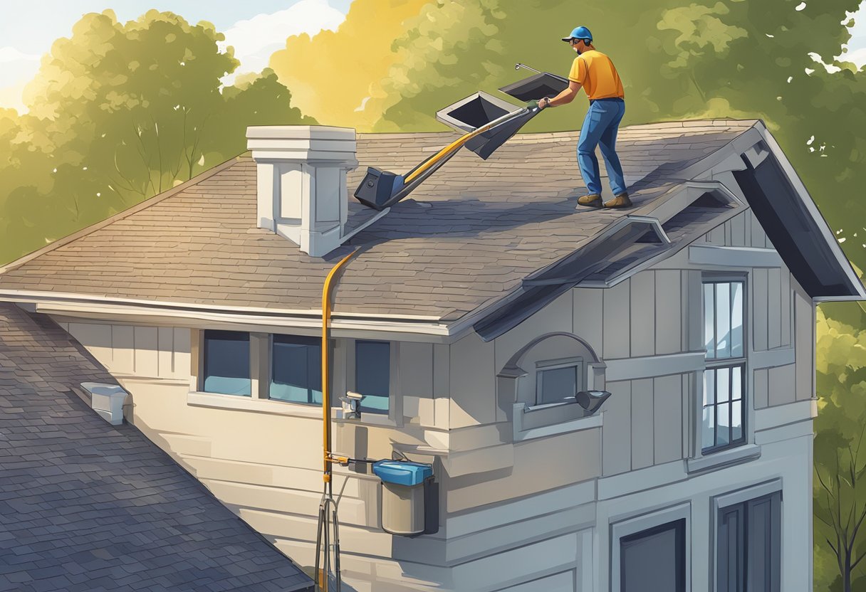 A roofer inspects a well-maintained roof in Sugar Land, TX, with tools and equipment nearby. The sun shines brightly, highlighting the clean and sturdy roofing materials