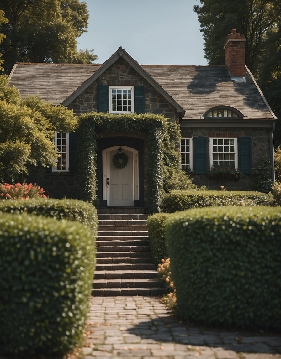 A quaint house with 21 holly bushes in front