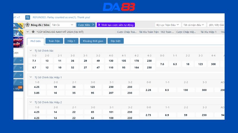 Các loại cược tỷ số chính xác tại nhà cái DA88