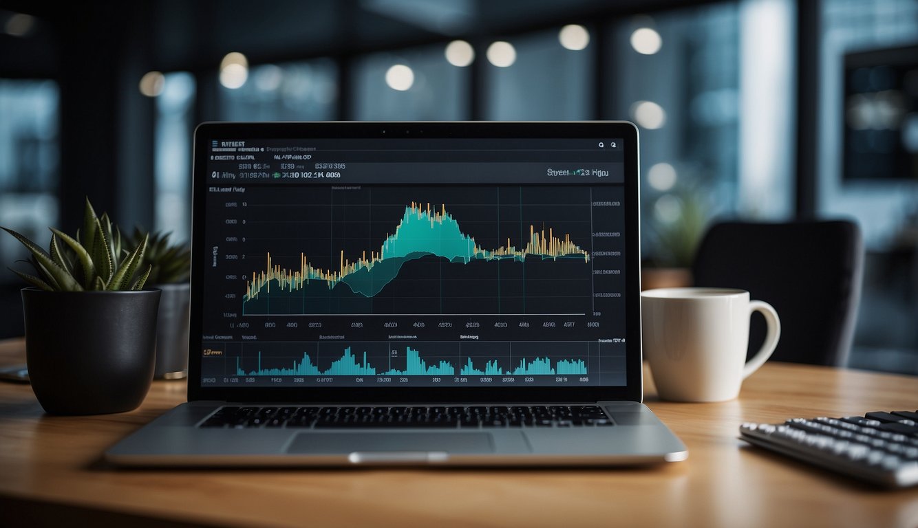 An Amazon logo is displayed on a computer screen, surrounded by charts and graphs showing sales data and trends