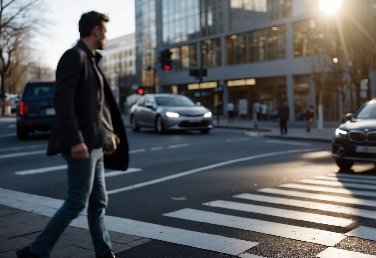 A car swerves into a pedestrian crossing, causing injury. The driver is distracted by their phone. The pedestrian suffers harm due to the driver's negligence