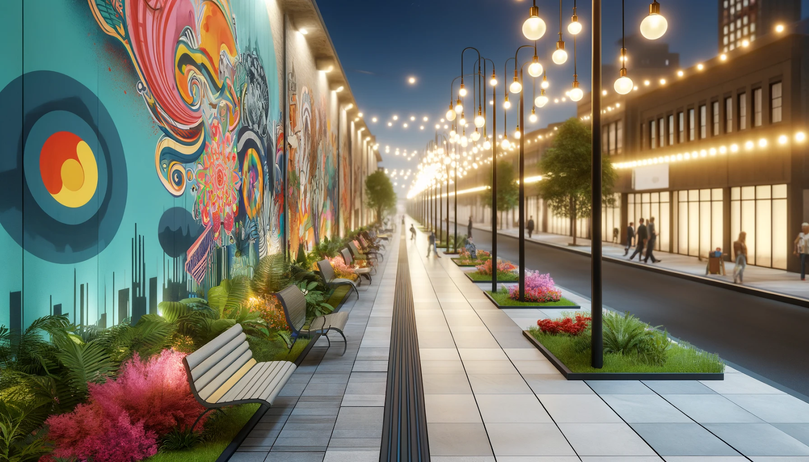 a street with benches and lights