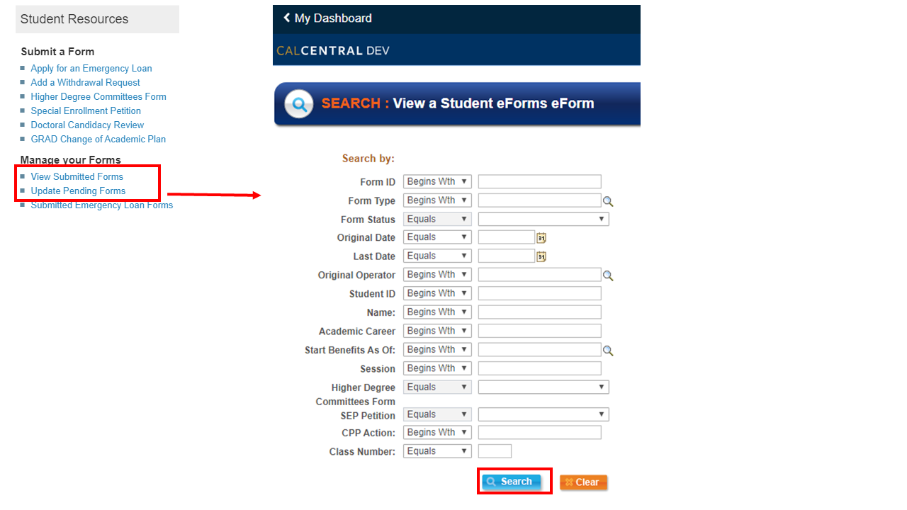 "View Submitted Forms", "Update Pending Forms", and "Search" emphasized with red box highlight.