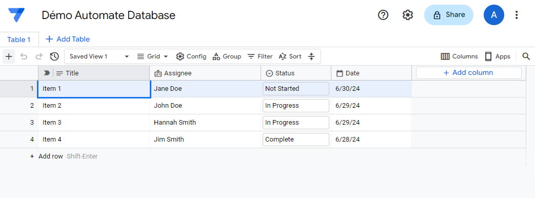 Aperçu de la vue Grille d'une table AppSheet Database