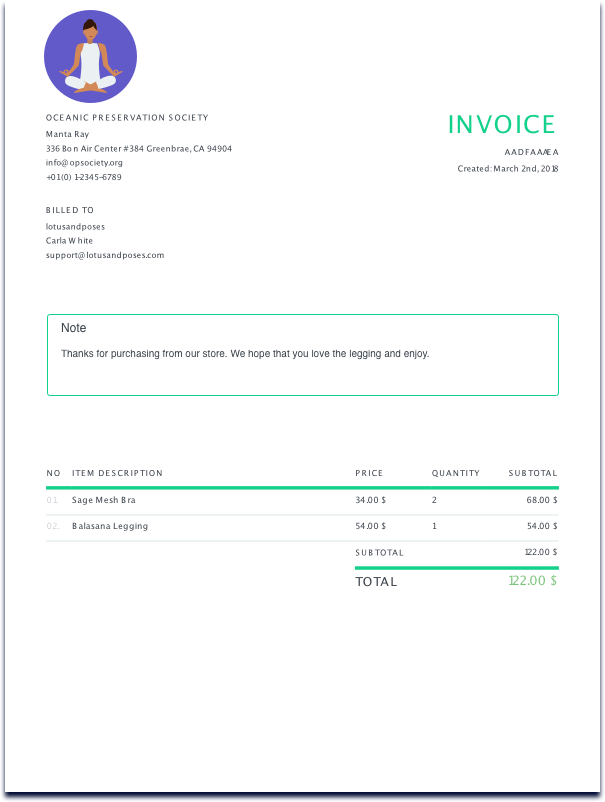 Spocket branded invoices with your business’ contact details, logo, and custom notes.