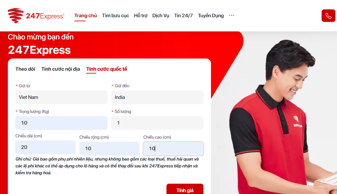 Tra cứu giá cước gửi hàng ngay trên website của 247Express