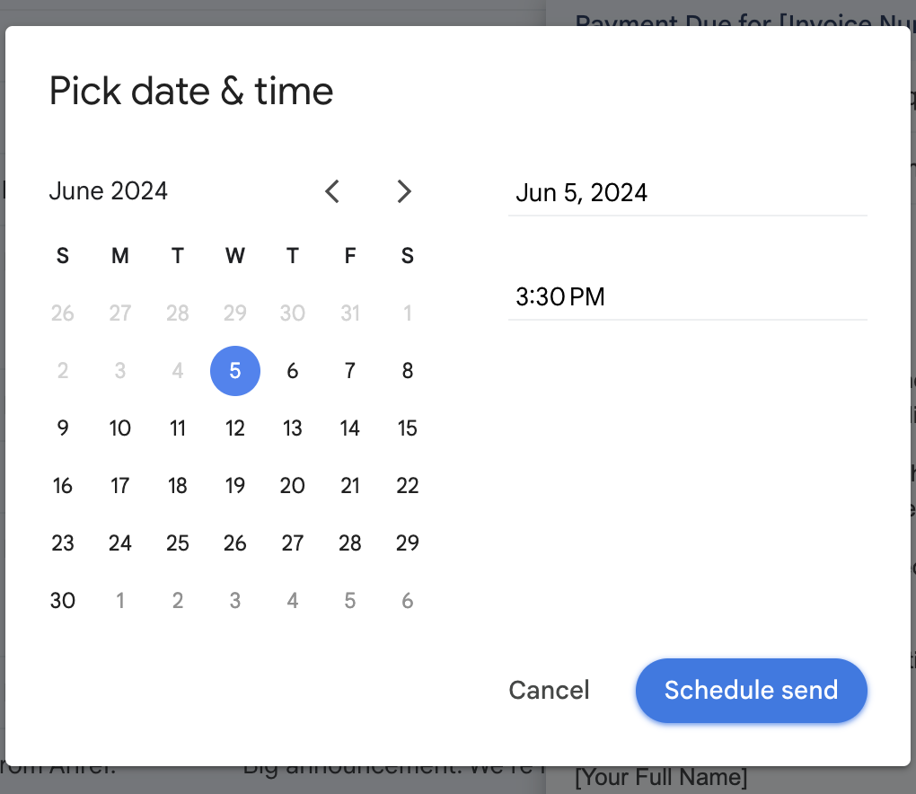 Selecting date and time to schedule the mail