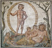 Terra reclining with the Seasons, accompanied by Aion-Uranus within a zodiac wheel 