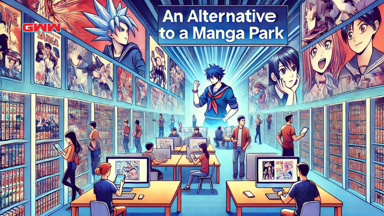 A dynamic widescreen illustration of an alternative to a manga park.