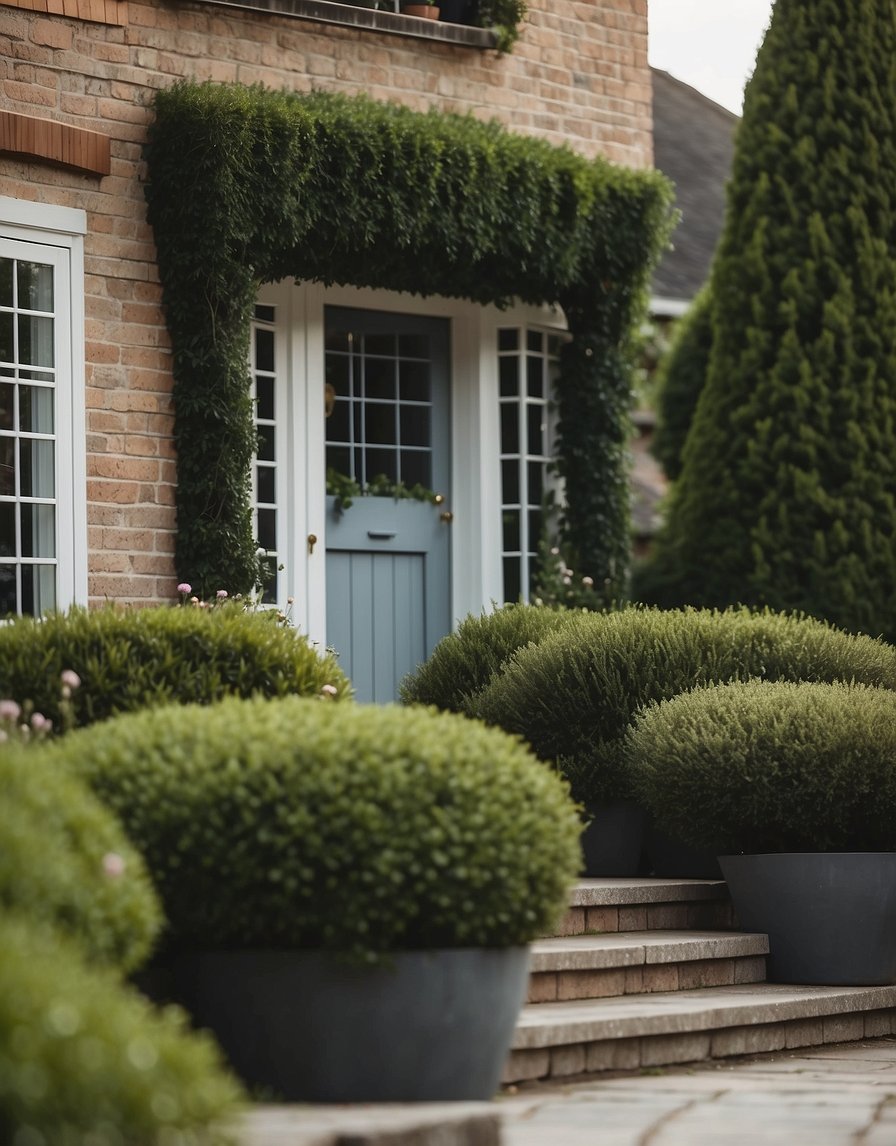 Yew bushes line the front of a quaint house, creating a neat and inviting entrance